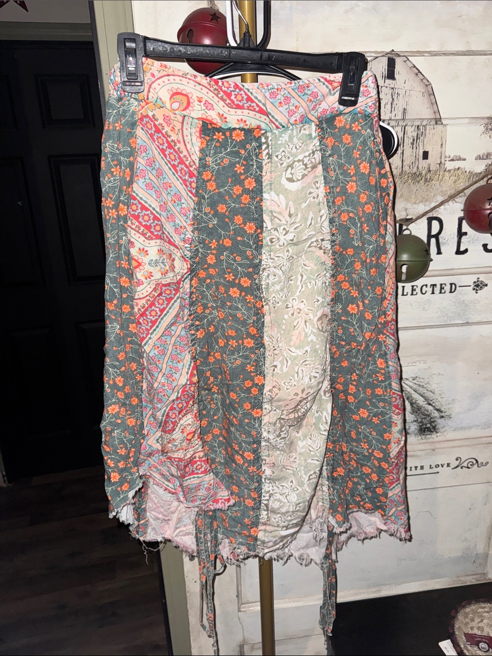 Oli & Hali Patchwork A-Line Midi Skirt in Green, Pink & Cream